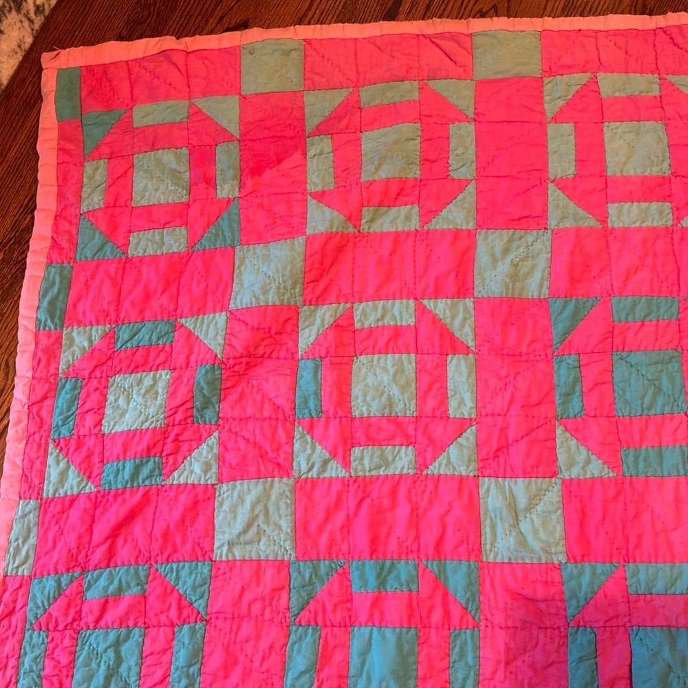 Vintage Handmade Patchwork Quilt Pink Turquoise Geometric Block Design 64x76